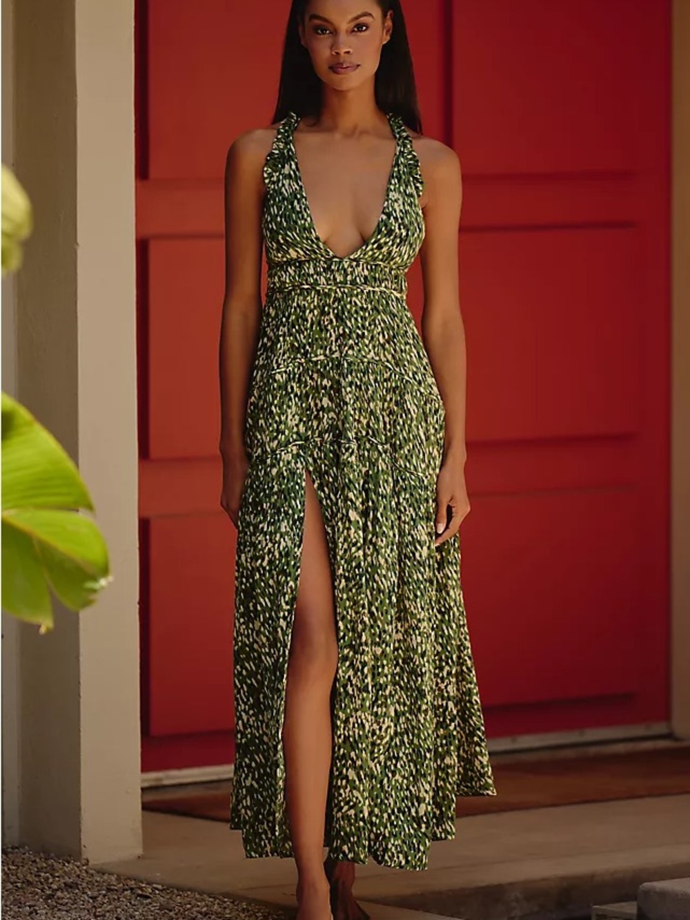 Celandine Anthropologie Green Printed Midi Dress with Deep V